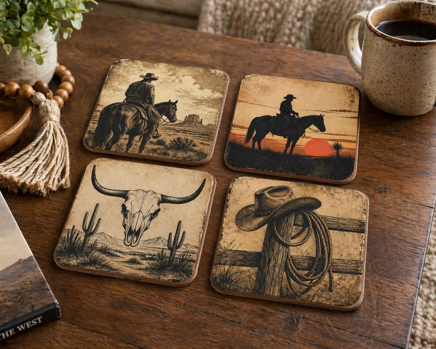 Set Of 4 Rustic Western Coasters