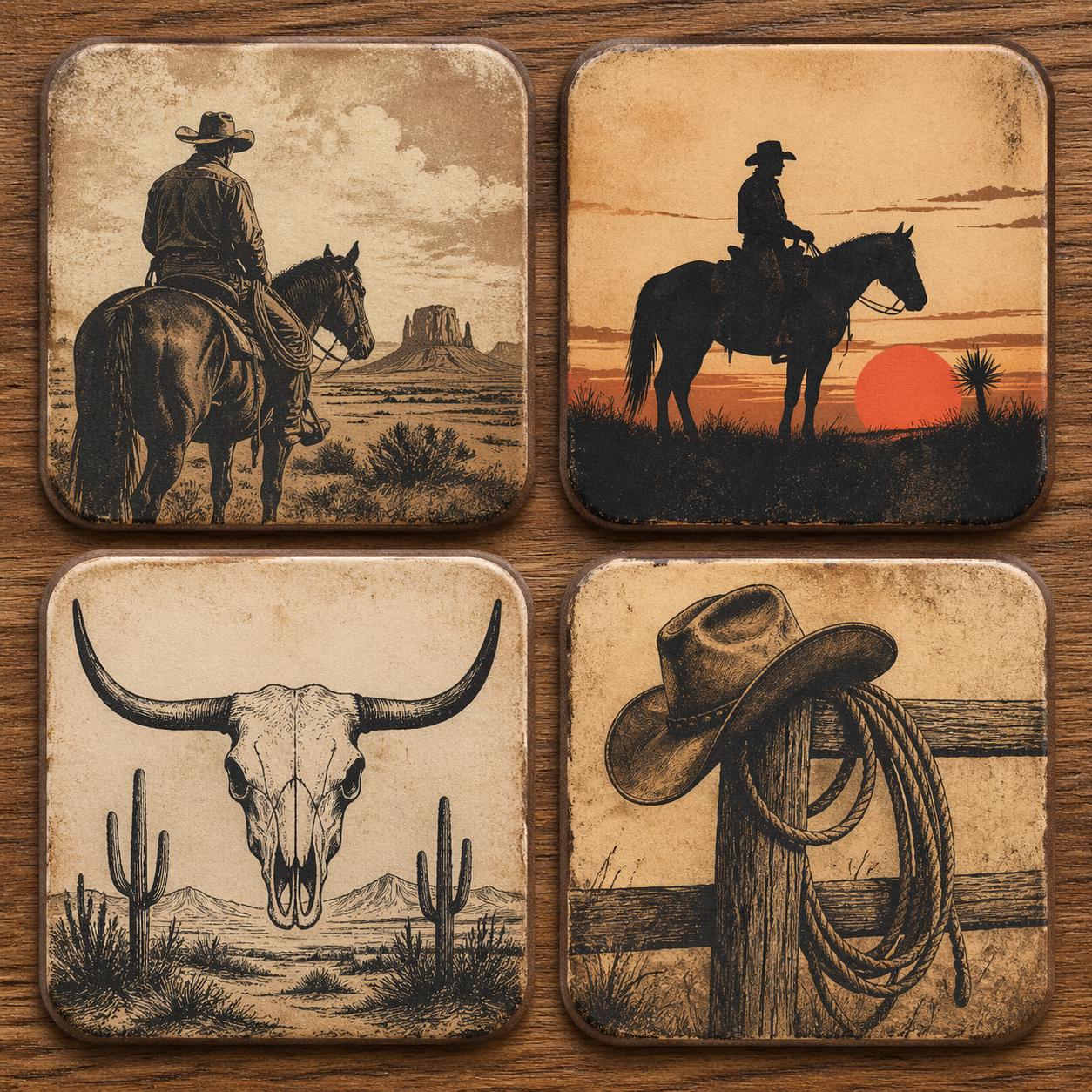 Set Of 4 Rustic Western Coasters